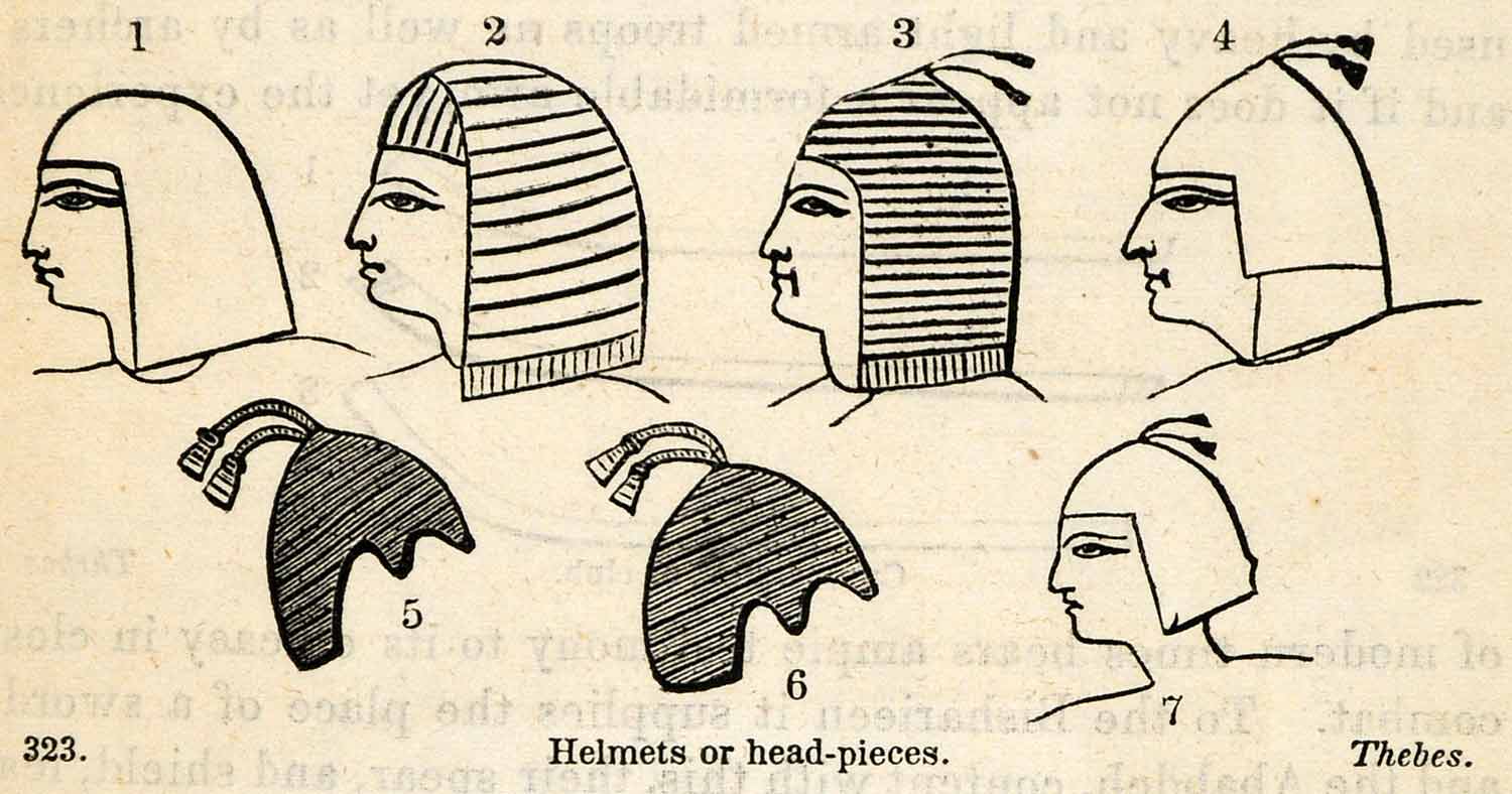1854 Woodcut Ancient Thebes Egyptian Headpieces Helmets Archaeology