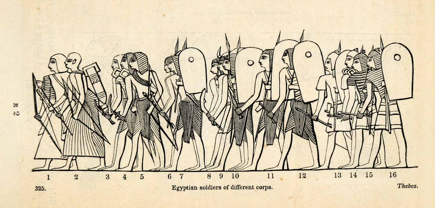 1854 Woodcut Ancient Thebes Egyptian Military Soldiers Weapons Armor