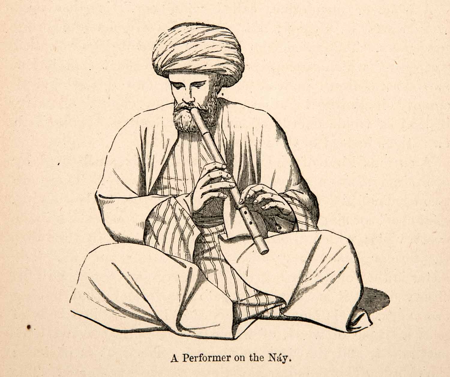 1871 Wood Engraving Musical Instrument Ancient Ney Flute Egypt Nay Musician