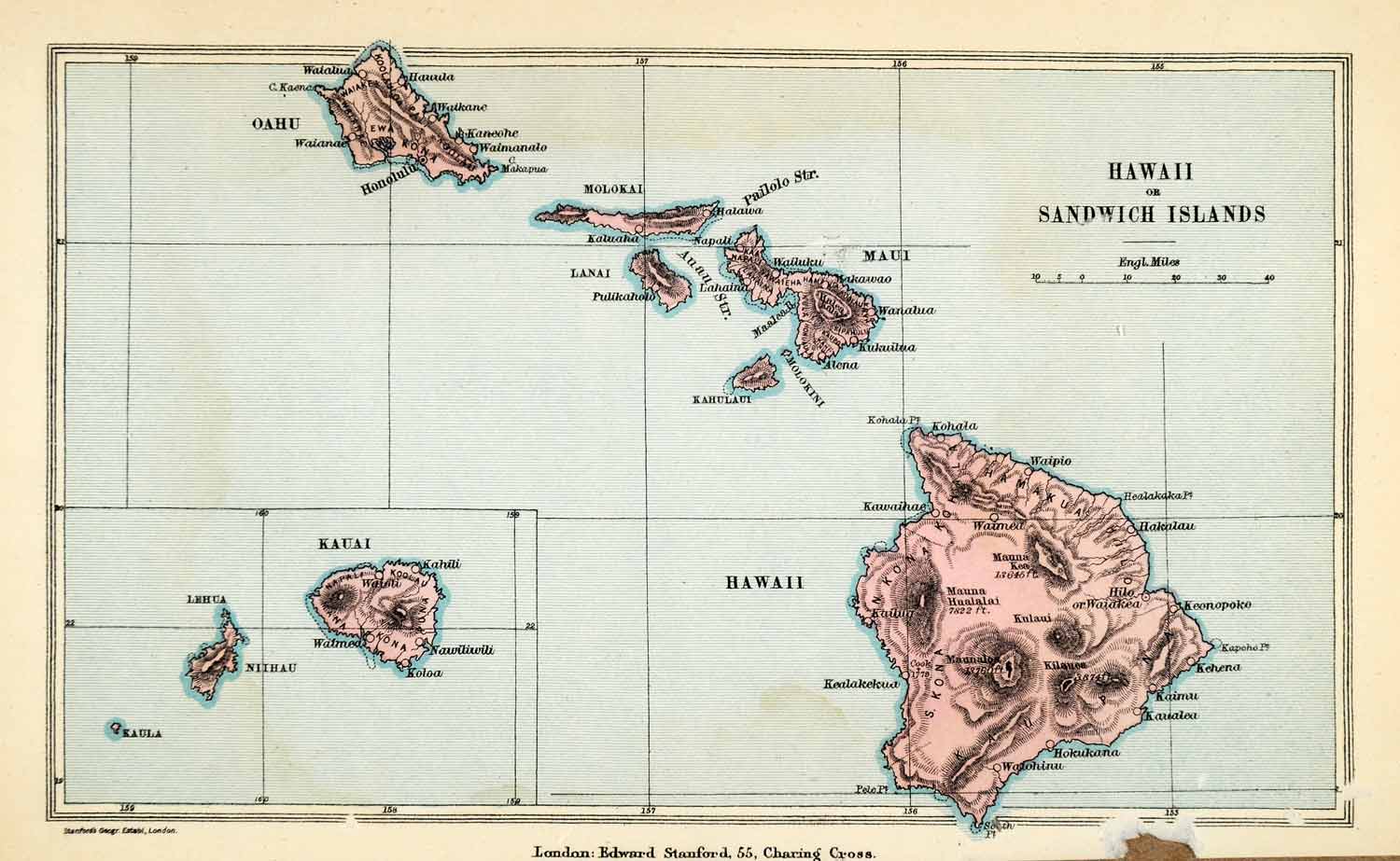 1879 Lithograph Hawaii Sandwich Islands Maui Kauai Molokai Map Oahu 