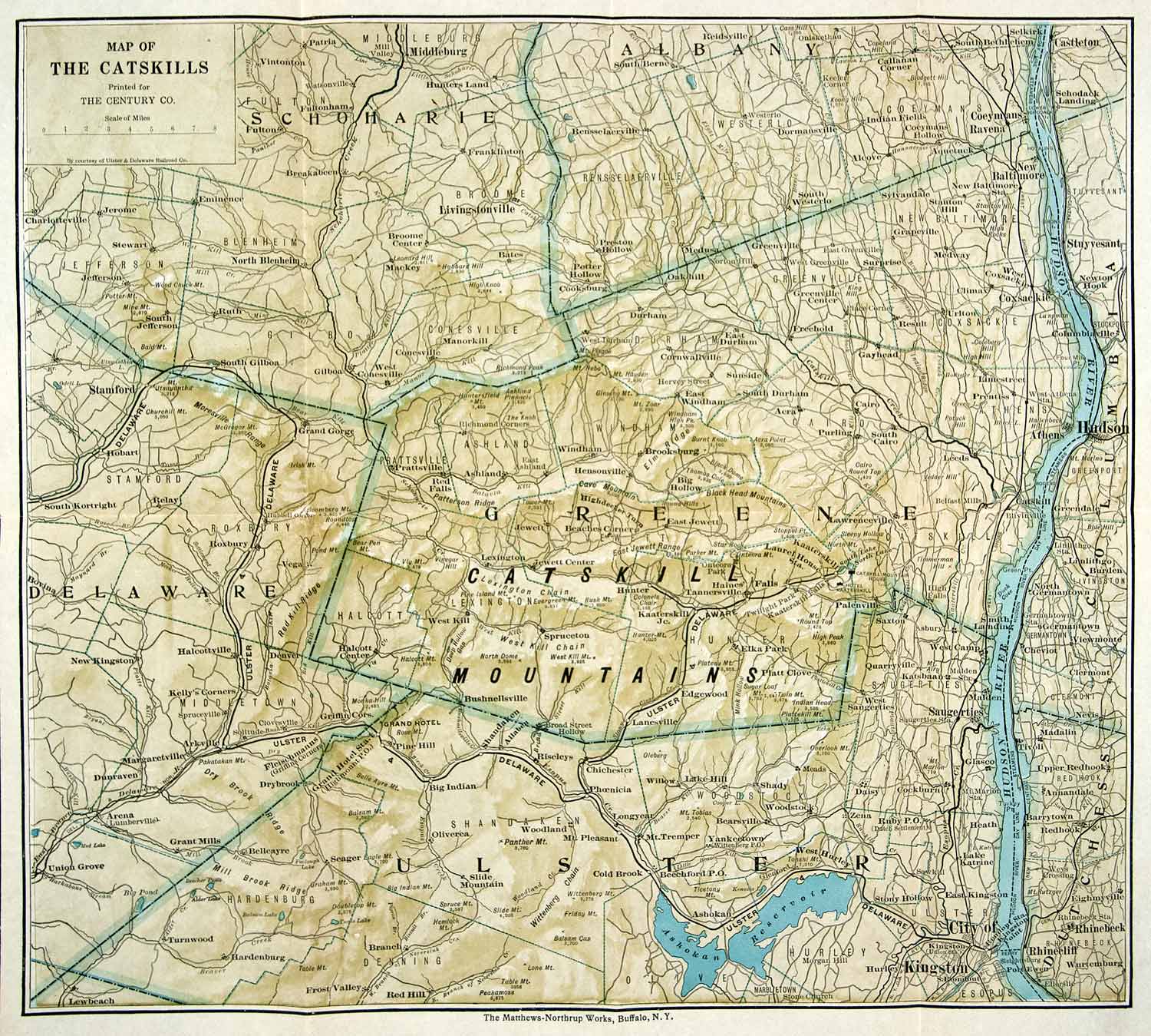 1921 Print Map Catskill Mountain Range New York United States Physical