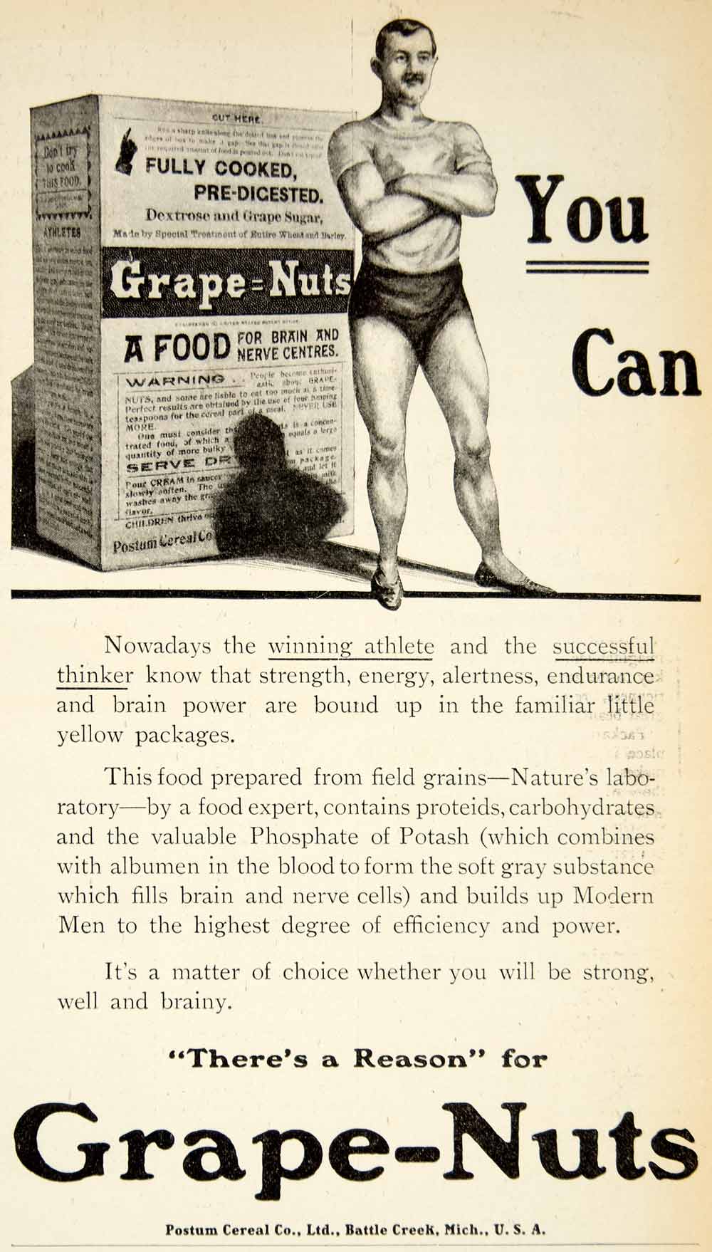 1907 Ad Grape Nuts Man Muscle Health Food Athlete Postum Cereal Battle