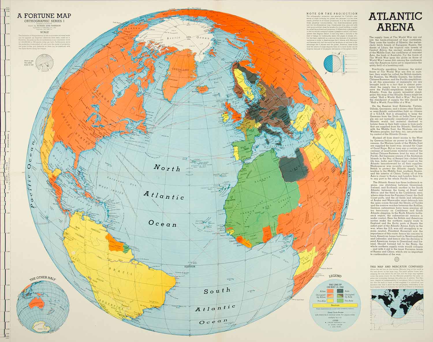 1942 Print Map World War II Atlantic Arena Allies Axis Africa America ...