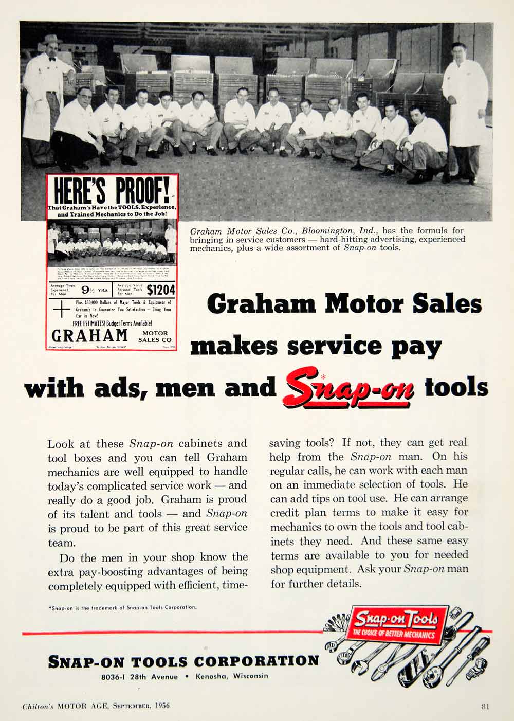 1956 Ad SnapOn Tools Graham Motor Sales Kenosha Spanner Wrench Pliers